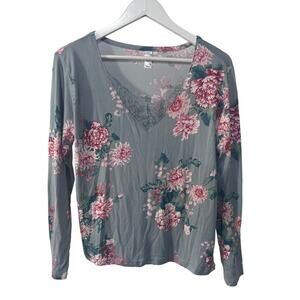 FLORA NIKROOZ WOMENS SMALL JADE FLORAL PRINTED LONG SLEEVE PAJAMA TOP ONLY GREY